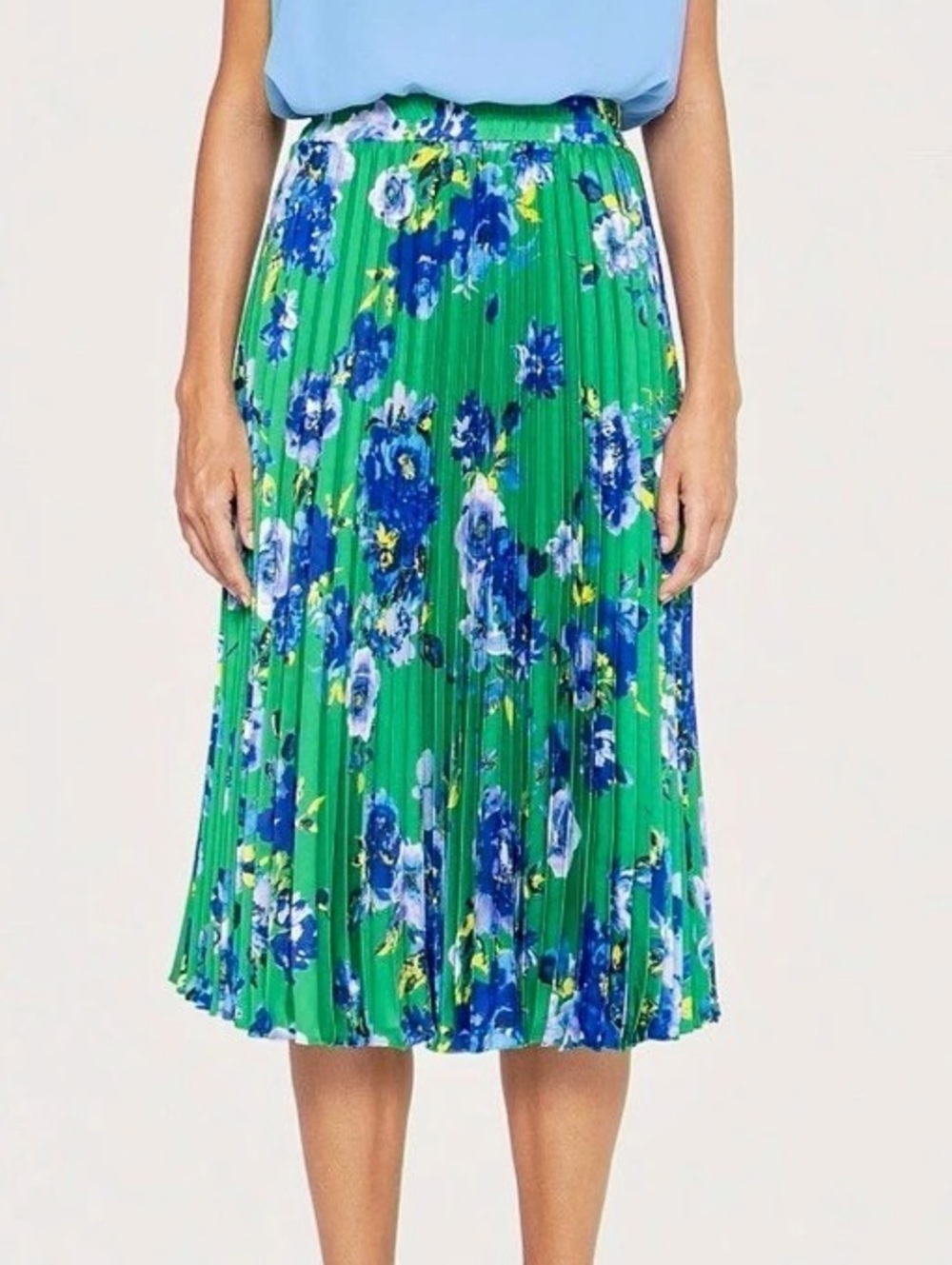 Nissa Printed Pleated Midi Skirt Floral Green & Blue Size 2